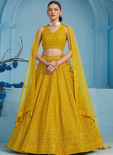 Georgette Thread Embroidery Work Haldi Special Yellow Lehenga Choli